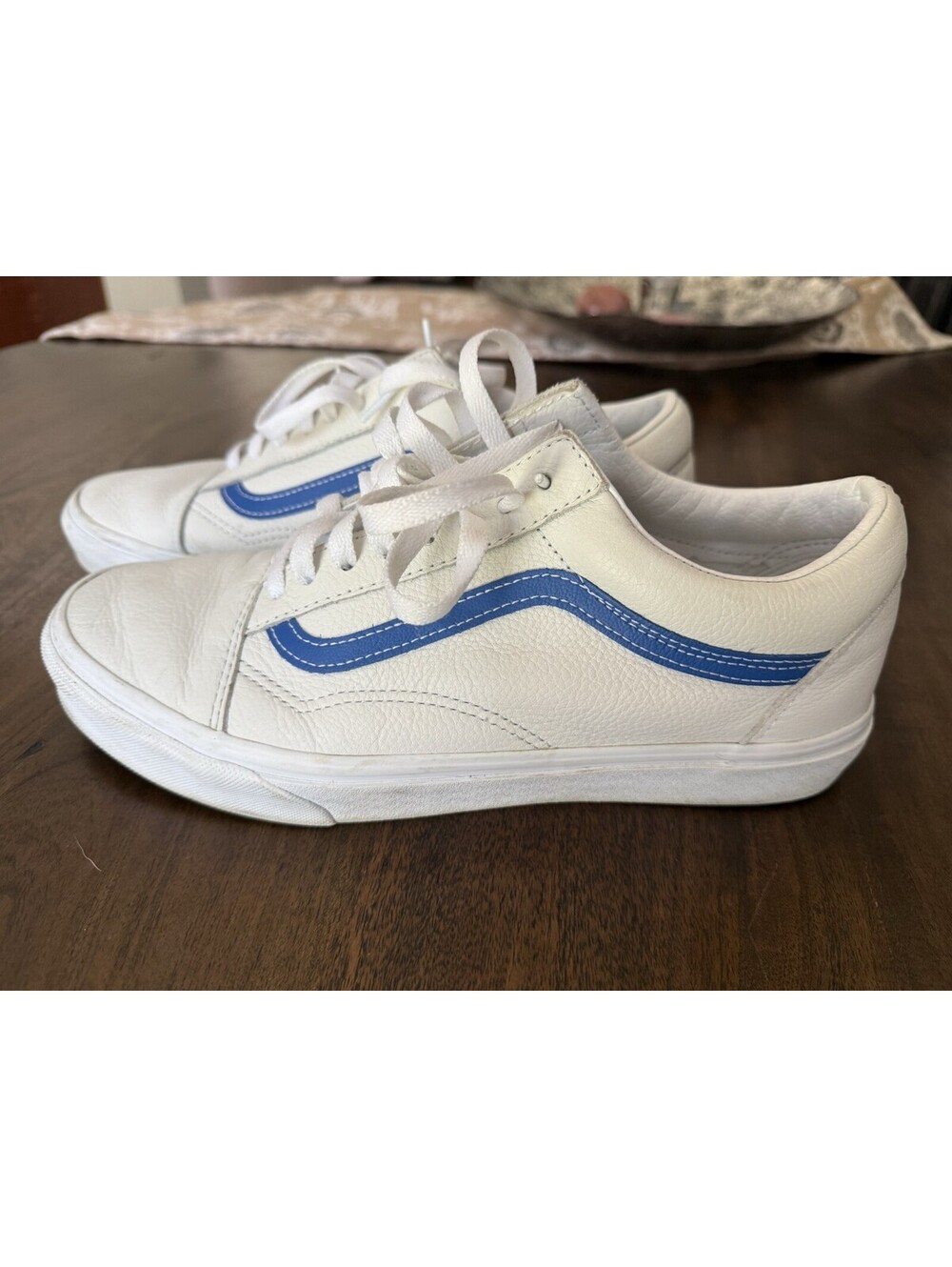 Vans Old Skool Leather Shoes Mens 10 Womens 11.5 White Blue Low Top Sneaker